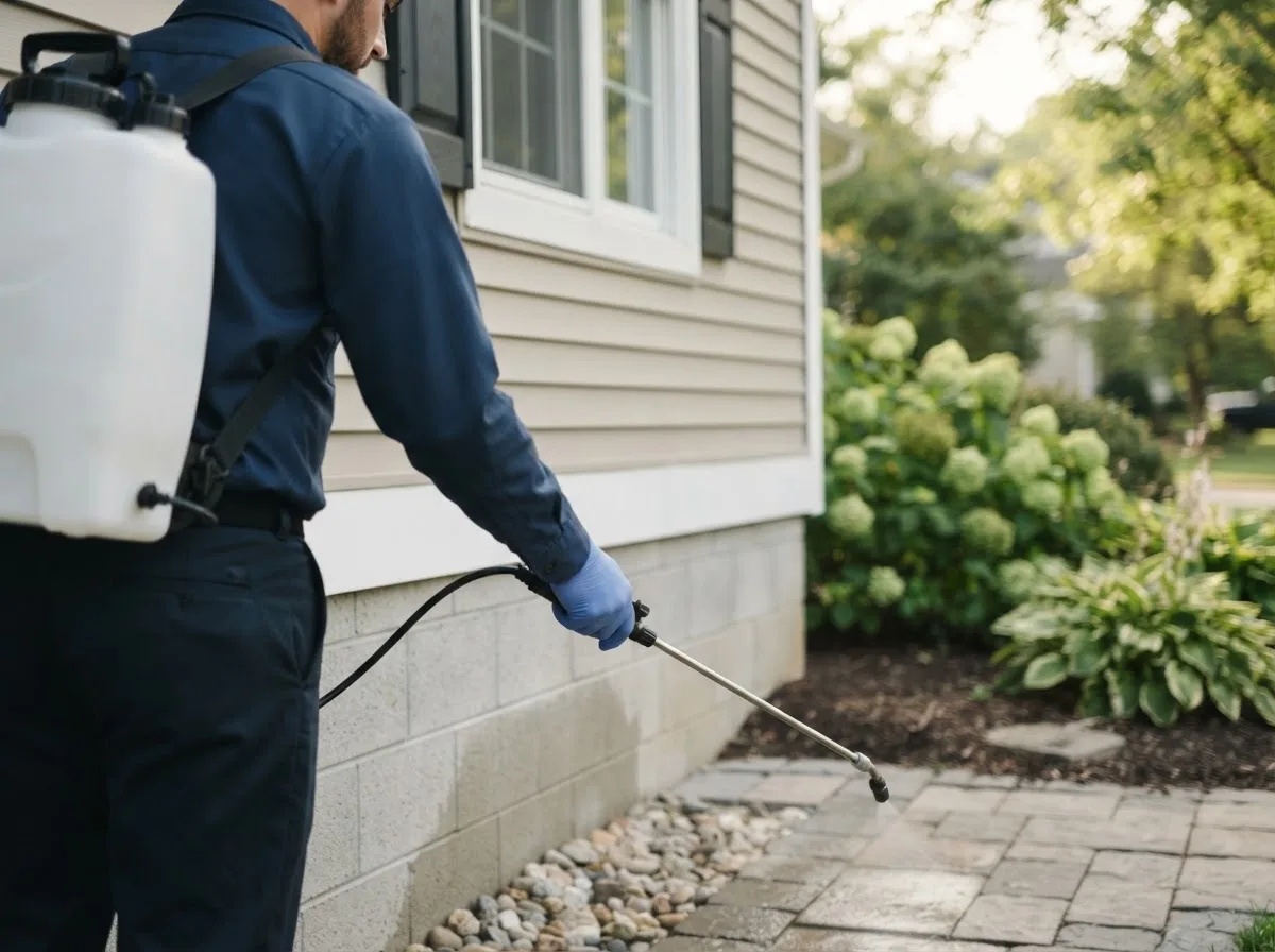 Pest control technician inspecting a home in Irons, MI